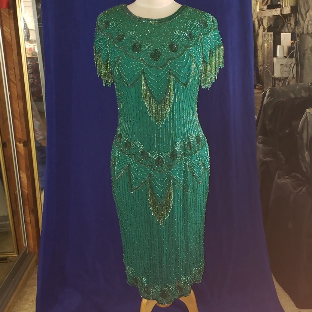 Emerald Green Flapper dress sequin beaded small